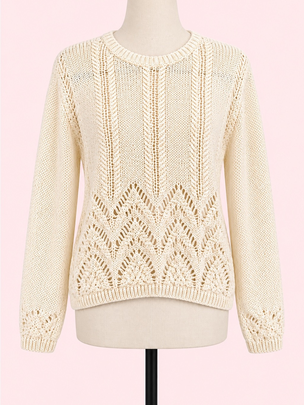 BCBGMAXAZRIA Mixed Stitch Boho Chevron Sweater Ivory Size Large NWT
